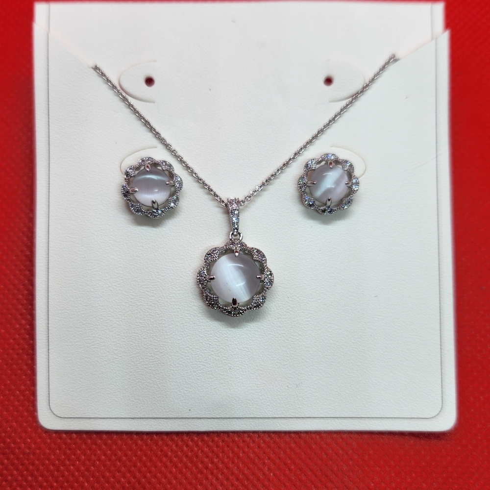 Elegant Stainless Steel Necklace and Earrings with White Cat's Eye Stones